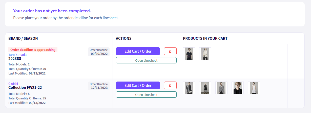 The draft order list (Cart) on the Buyer application has been updated.