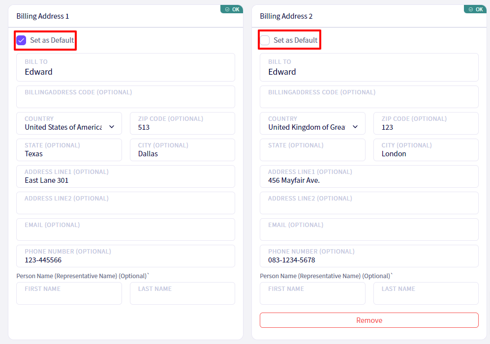 Set default billing and invoice addresses for Buyers.