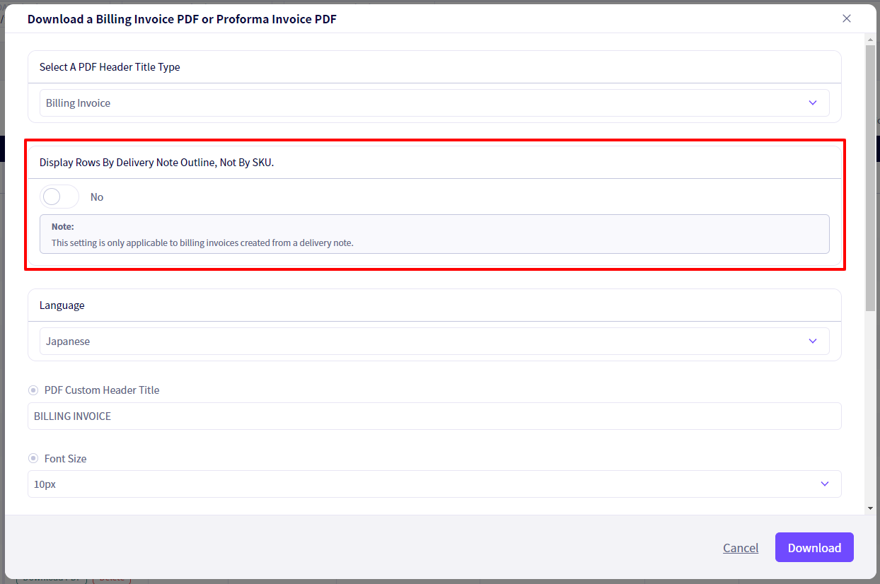It is now possible to create Billing invoice PDFs that show only the details of delivery invoice!